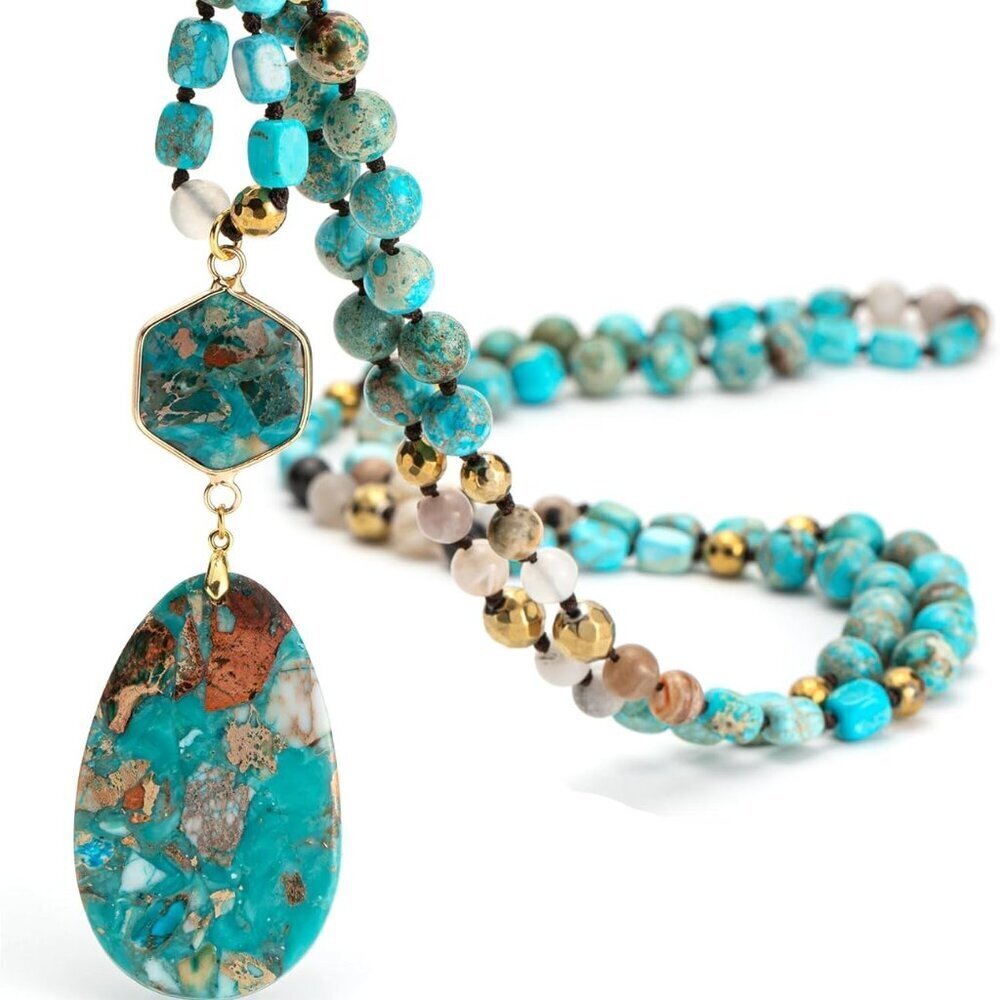 Boho Turquoise Necklace Natural Stone 36.8 Inch Handmade Long Pendant Jewelry